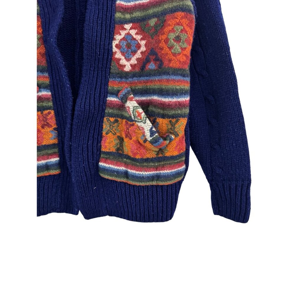 Handmade Wool Folk Blue Cardigan Sweater Shrunk Cropped Artisan Knit XS Petite - Picture 3 of 6